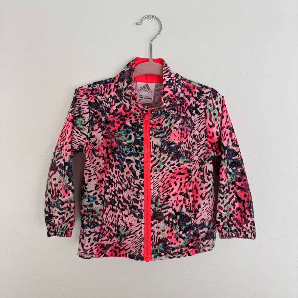 Adidas Toddler Pink and Black Pattern Windbreaker Light Jacket